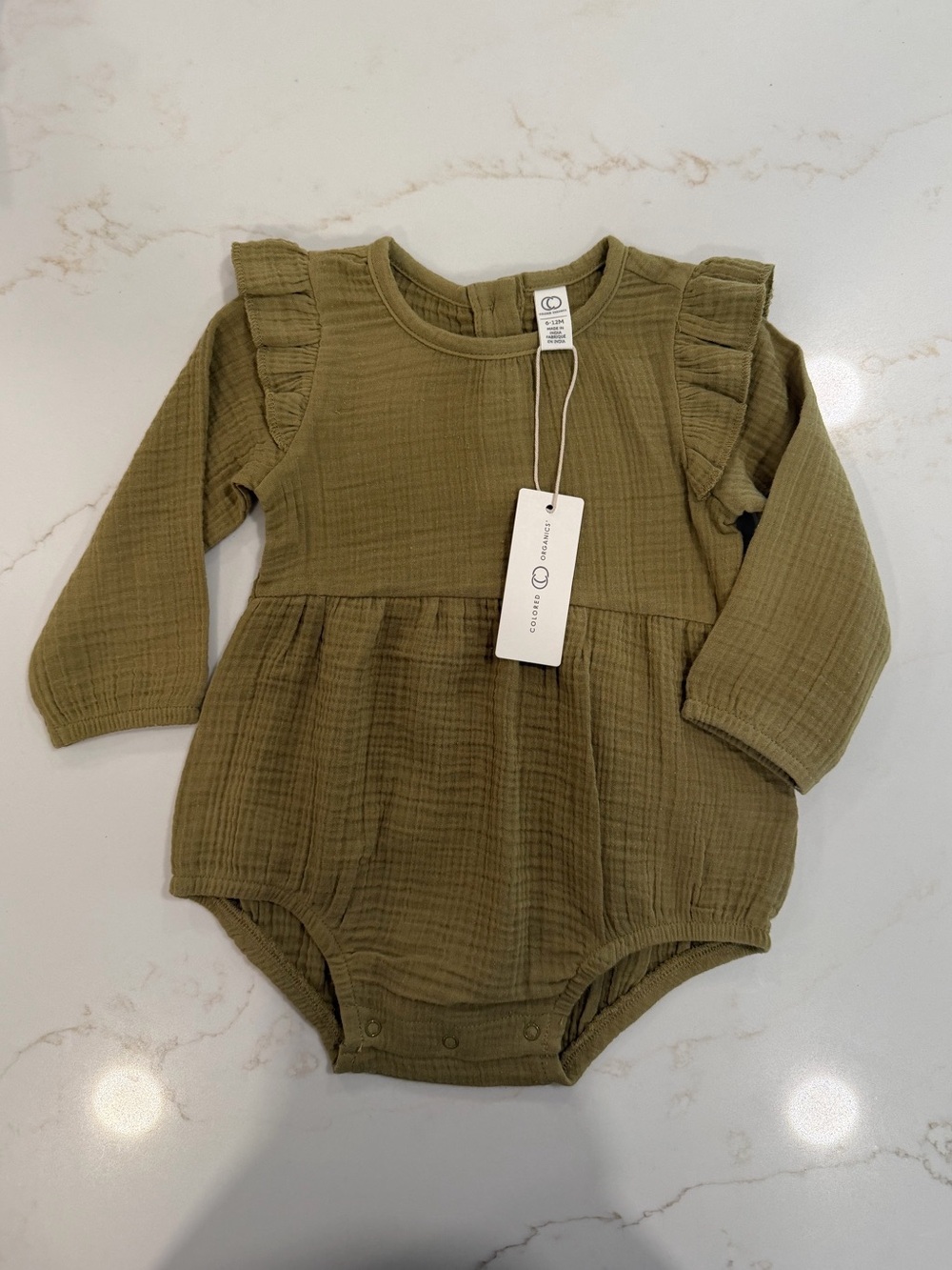 Colored Organics Olive Green Ruffle Long-Sleeve Baby One-Piece